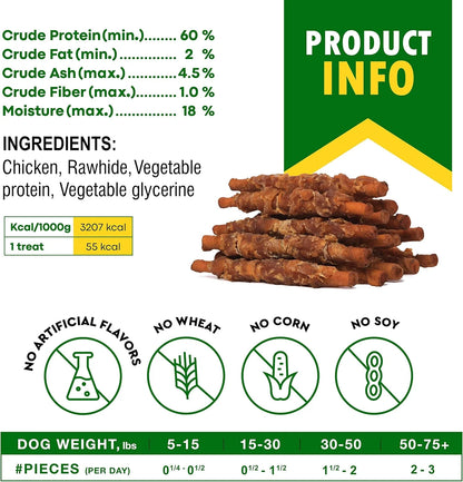 Dog Treats Rawhide Sticks Wrapped with Chicken 11 Oz Pet Natural Chew Treats - Grain Free Meat & Human Grade Dried Snacks - Best for Small & Large Dogs (10.6 Ounce (Pack of 1), Smoked Chicken)