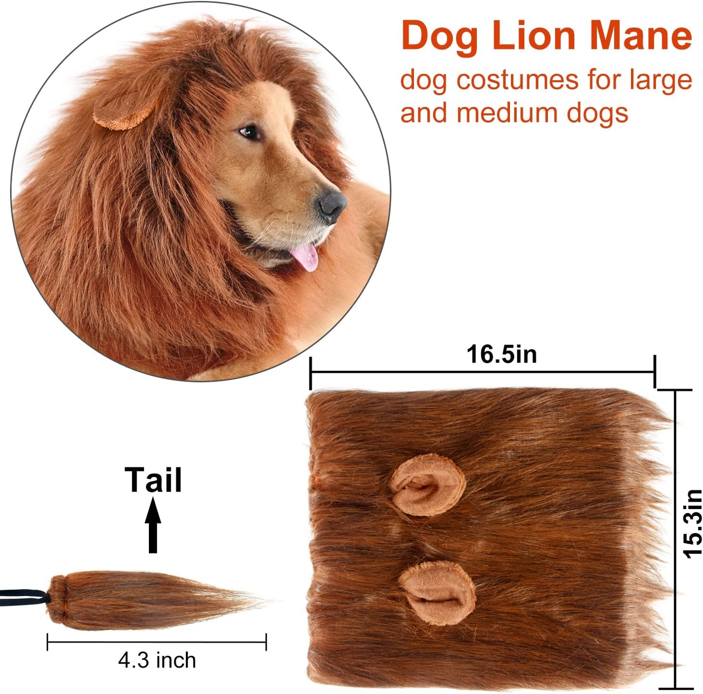 Lion Mane for Dog Costumes, Realistic Wig for Medium to Large Sized Dogs, Halloween Costumes (Dark Brown)